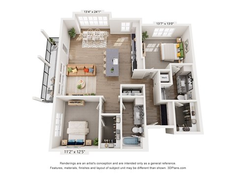 Floor plan for 2 beds, 2 baths, 1265 sqft